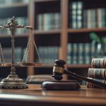 A classic legal office setting with a balance scale, gavel, and law books on a wooden desk.