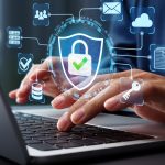 Secure data protection and network security systems. VPN connections and zero trust security. Man using laptop computer with an encrypted data security system. Secure data protection and network security systems. VPN connections and zero trust security. Man using laptop computer with an encrypted data security system.